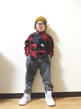 「petit main（プティマイン）のアイテム（ニットキャップ/ビーニー）」を使った、yur★takさん（キッズ・110cm）の冬コーディネート