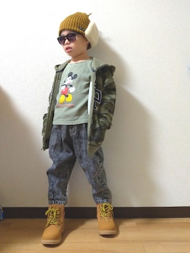 「petit main（プティマイン）のアイテム（ニットキャップ/ビーニー）」を使った、yur★takさん（キッズ・110cm）の冬コーディネート