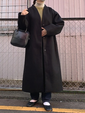 「coca（coca）（コカ）のアイテム（ノーカラーコート）」を使った、ももさん（レディース・153cm）の冬コーディネート