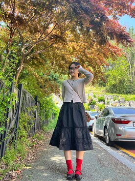 「no brand（ノーブランド）のアイテム（スカート）」を使った、huh_jueonさん（レディース・155cm）の春コーディネート