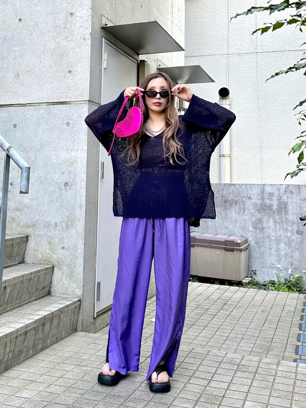 「お出かけコーデ日記、休日スタイル、カラーコーデ、ZARA、primaras、お洒落さんとつながりたい、メッシュニット、ハイウエスト、夏コーデ、厚底サンダル、ゆったりコーデ、低身長コーデ、サングラス、youtube、ビッグカラー」｜「primarasのアイテム（トップス、ブルー系）」を使った、Rie_eさん（レディース・154cm）の春コーディネートの1枚目の写真