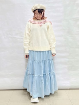 「SHOO・LA・RUE（シューラルー）の【ライトオンスデニム/S-LL】女性らしさをプラスする ティアードデニムロングスカート（デニムスカート、ブルー系）」を使った、*Yui*さん（レディース・151cm）の春コーディネート