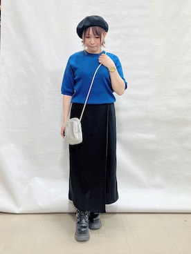 「SHOO・LA・RUE（シューラルー）の【毎日洗える/S-LL/ひんやり/UV】上半身すっきり 二の腕見せない5分袖ニット（Knitwear、ブルー系）」を使った、*Yui*さん（レディース・151cm）の春コーディネート