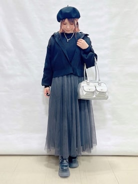「SHOO・LA・RUE（シューラルー）の襟付きレース風カーディガン（Cardigans、ブラック系）」を使った、*Yui*さん（レディース・151cm）の冬コーディネート