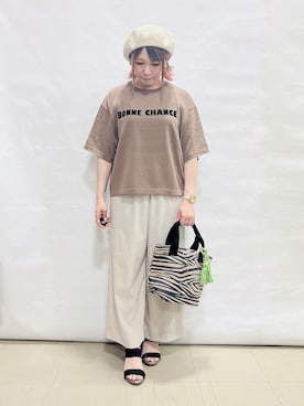 「SHOO・LA・RUE（シューラルー）の【体型カバー】程よい透け感 デザインアソート 5分袖シアーニット（Knitwear、ブラウン系）」を使った、*Yui*さん（レディース・151cm）の春コーディネート