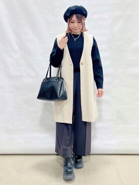 「SHOO・LA・RUE（シューラルー）の【洗濯機可/セットアップ可/S-3L】きちんと楽に。カットジョーゼット ロングジレ（Vest、ベージュ系）」を使った、*Yui*さん（レディース・151cm）の冬コーディネート