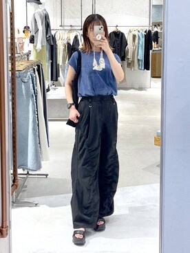 「LEPSIM（レプシィム）のフレンチスリーブプリントチュニック　124107（Tシャツ/カットソー）」を使った、たかね。さん（レディース・169cm）の夏コーディネート