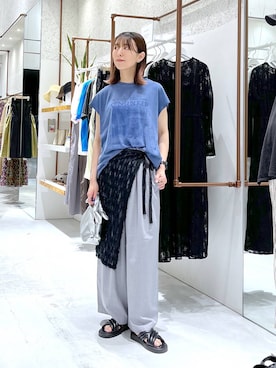 「LEPSIM（レプシィム）のフレンチスリーブプリントチュニック　124107（Tシャツ/カットソー）」を使った、たかね。さん（レディース・169cm）の夏コーディネート