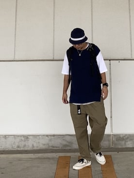 「Have a good time（ハバグッタイム）のアイテム（ハット）」を使った、＝＝トム＝＝さん（メンズ・174cm）の夏コーディネート