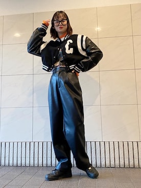 「レザーコーデ」｜「アイテム（ライダースジャケット）」を使った、aicaさん（レディース・162cm）の冬コーディネート