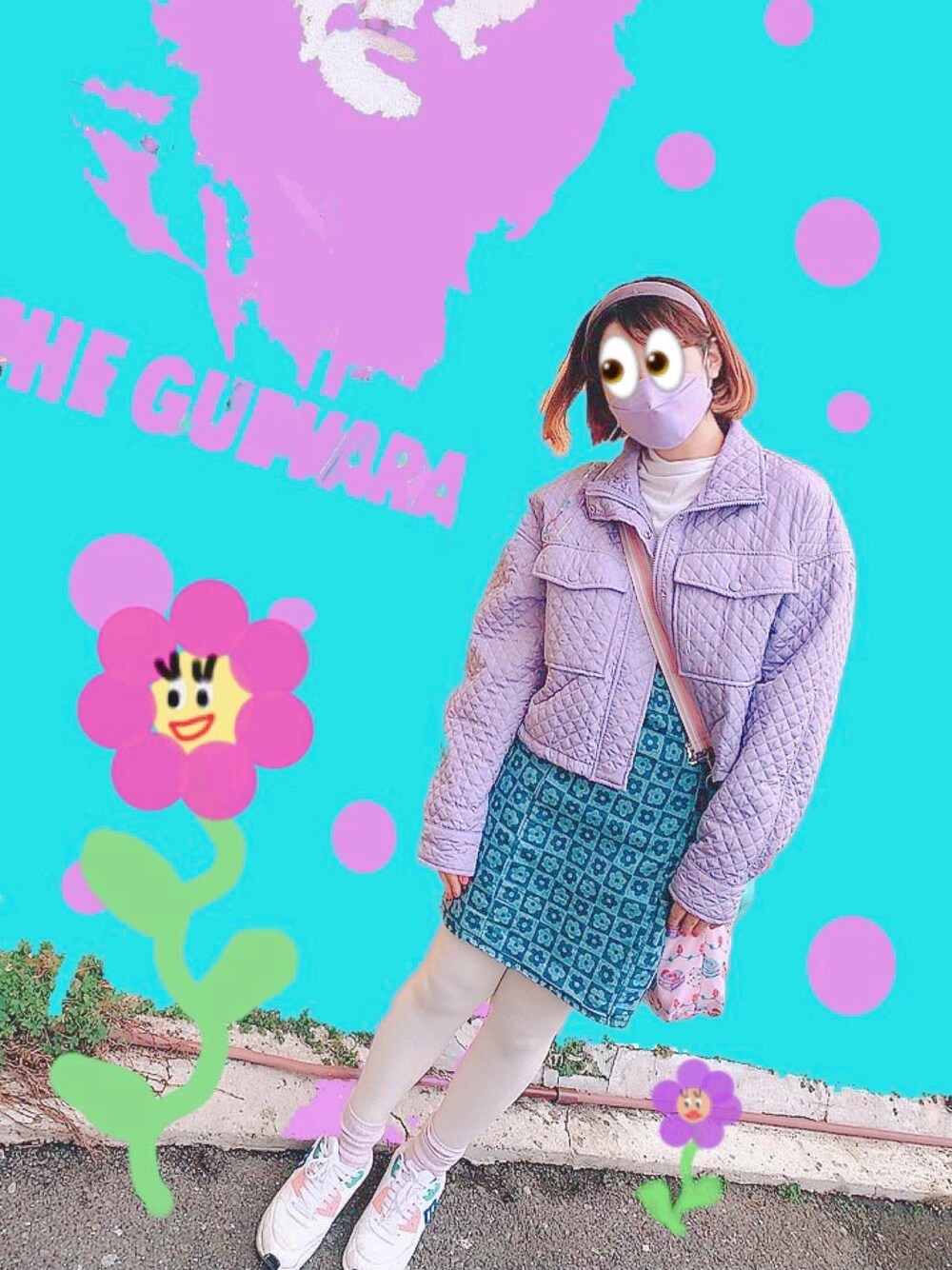 「春、原宿系、パステルカラー、白タイツ、デイジー柄」｜「Bershkaのアイテム（その他アウター、パープル系）」を使った、👩‍🎨さやぴ🍩さん（レディース・161cm）の春コーディネートの1枚目の写真