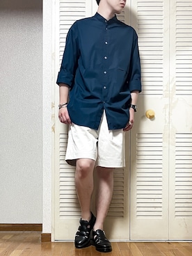 「ノーカラーシャツ」｜「アイテム（サンダル）」を使った、ゐをりさん（メンズ・171cm）の夏コーディネート