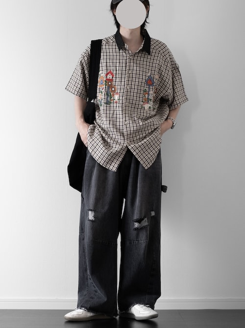 シャツ 「HOOK」レトロ調刺繍入りチェック柄半袖シャツ (SS) メンズ