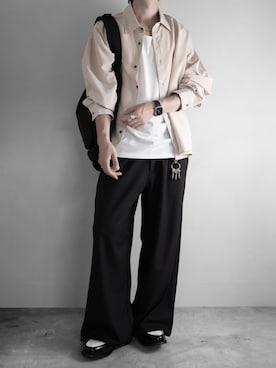 「RUUBON（ルーボン）の【RUUBON】3tuck straight wide pants/スリータック ストレートワイドパンツ（スラックス、ブラック系）」を使った、hopeさん（メンズ・168cm）の夏コーディネート