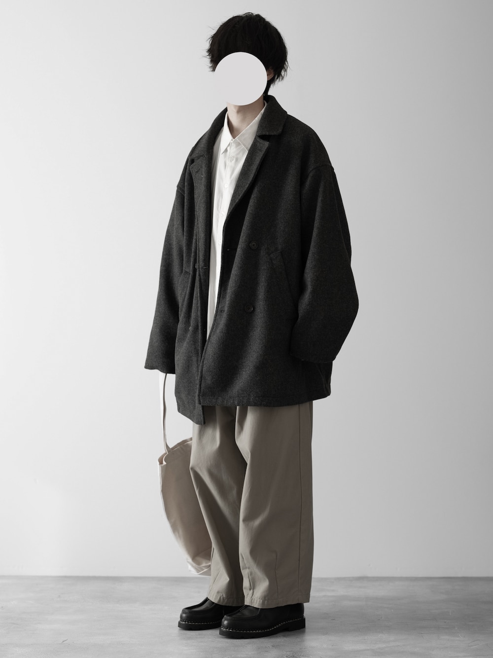「RUUBON、ルーボン、Pコート、ピーコート、シャツスタイル、チノパン、Paraboot、冬コーデ、冬、冬アウター、オトナカジュアル、大人カジュアル、低身長、シンプル、シンプルコーデ」｜「RUUBONの【RUUBON】melange melton P-coat / メランジ メルトン Pコート（ピーコート、グレー系）」を使った、hopeさん（メンズ・168cm）の冬コーディネートの1枚目の写真