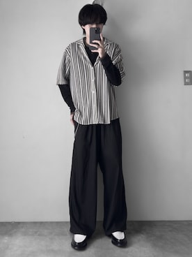「RUUBON（ルーボン）の【RUUBON】sheer wave stripe shirt / シアーウェーブストライプシャツ（シャツ/ブラウス、ベージュ系）」を使った、hopeさん（メンズ・168cm）の夏コーディネート