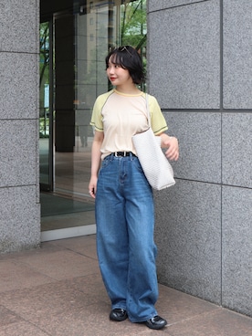 「PAMM（パム）のPAMMのシースルーラグランサマーT（Tシャツ/カットソー、ベージュ系）」を使った、オクユウカさん（レディース・159cm）の夏コーディネート