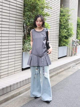 「MAISON SPECIAL（メゾンスペシャル）のPleated Mini Jumper Skirt/プリーツミニジャンパースカート（チュニック）」を使った、オクユウカさん（レディース・159cm）の夏コーディネート