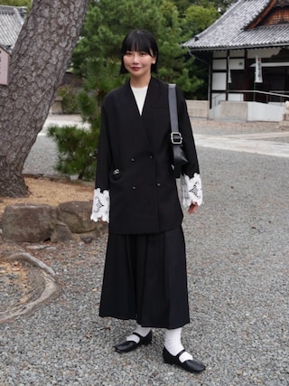 「sahara（サハラ）のLace Cuff Over Jacket /レースカフオーバージャケット（ノーカラージャケット）」を使った、オクユウカさん（レディース・159cm）の秋コーディネート