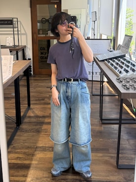 「MAISON SPECIAL（メゾンスペシャル）の【PRE-ORDER】Layered Denim Pants/レイヤードデニムパンツ（デニムパンツ、ブルー系）」を使った、オクユウカさん（レディース・159cm）の春コーディネート