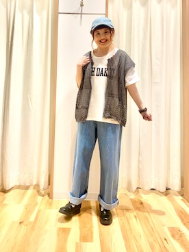 「Samansa Mos2 blue」｜「アイテム（キャップ）」を使った、えりさん（レディース・150cm）の春コーディネート