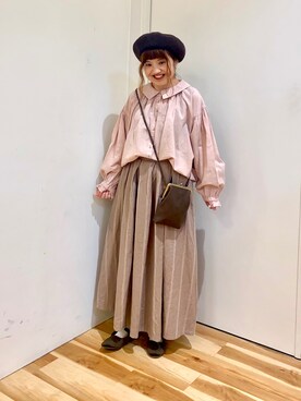 「ストライプスカート」｜「アイテム（その他）」を使った、えりさん（レディース・150cm）の秋コーディネート