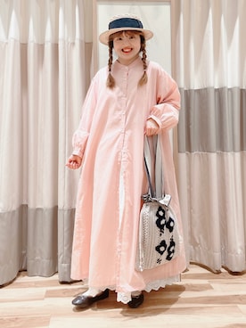 「巾着バッグ」｜「アイテム（シャツワンピース）」を使った、えりさん（レディース・150cm）の春コーディネート