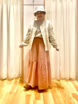 「ギンガムチェック」｜「アイテム（スカート、ピンク系）」を使った、えりさん（レディース・150cm）の春コーディネート