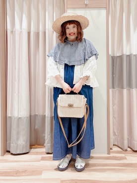 「デニムワンピース」｜「アイテム（ノーカラージャケット）」を使った、えりさん（レディース・150cm）の春コーディネート