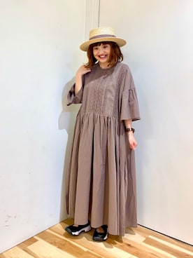 「アイテム（ハット、ブラウン系）」を使った、えりさん（レディース・150cm）の夏コーディネート