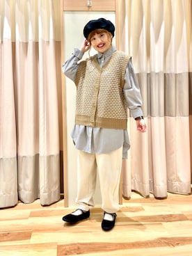 「ビッグシャツ」｜「アイテム（ハンチング/ベレー帽）」を使った、えりさん（レディース・150cm）の秋コーディネート