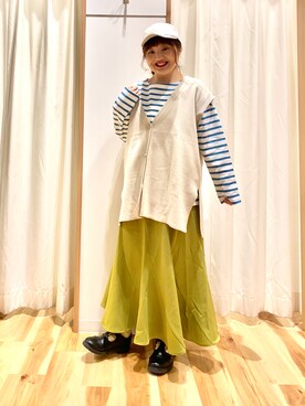 「Samansa Mos2 blue」｜「アイテム（キャップ）」を使った、えりさん（レディース・150cm）の春コーディネート