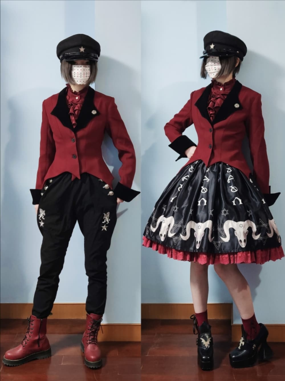 「FlowerFairyDailyの菲丝之夜/收腰蝙蝠领哥特风格西服（スーツジャケット、レッド系）」を使った、步同さん（レディース・162cm）の冬コーディネートの1枚目の写真