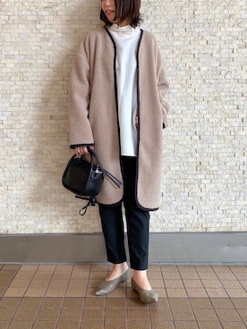 「スリットパンツ」｜「アイテム（ノーカラーコート）」を使った、ranranさん（レディース・163cm）の秋コーディネート