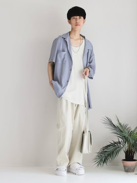 「MinoriTY（マイノリティ）の2タックテーパードワイドパンツ【MinoriTY × WEARISTA Mr.SZK（ミスタースズキ）コラボ】（スラックス）」を使った、Mottyさん（メンズ・167cm）の夏コーディネート