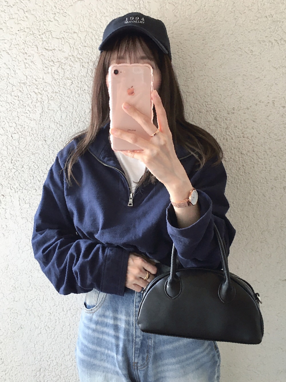 「ハーフジップ、古着、古着MIX、デニム、キャップ、秋服、カジュアルスタイル、休日スタイル、きれいめカジュアル、低身長コーデ、ラクチンコーデ、大人カジュアル、ラフ、シンプルコーデ、GRL」｜「SEAのSEAVALLEY NATIONAL PARK キャップ（キャップ、ブルー系）」を使った、コマさんさん（レディース・154cm）の秋コーディネートの1枚目の写真