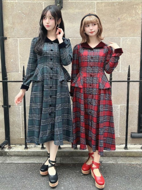 別珍ラペルペプラムチェックワンピース（ワンピース）｜an another