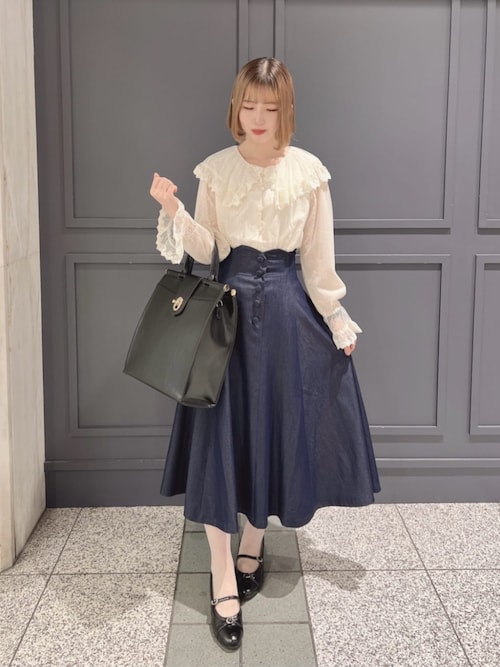 ハイウエストスカラップデニムライクフレアースカート（デニム