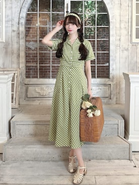 「an another angelus（アンアナザーアンジェラス）のレトロギンガムカチューシャ（カチューシャ、ホワイト系）」を使った、F i.n.tさん（レディース・157cm）の春コーディネート