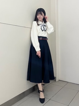 「an another angelus（アンアナザーアンジェラス）のロゴスカーフリボン付きシャツ（シャツ/ブラウス、ホワイト系）」を使った、F i.n.tさん（レディース・157cm）の春コーディネート