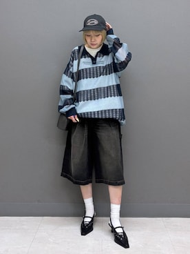 「PBLIM（ページボーイリム）の《UNISEX》ワイドハーフパンツ（デニムパンツ、ブラック系）」を使った、anninさん（レディース・152cm）の春コーディネート