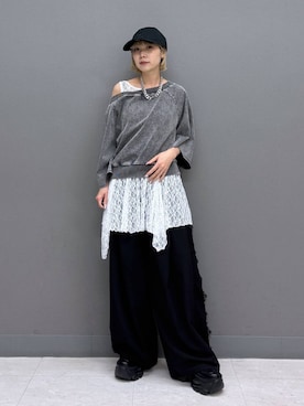 「PAGEBOY（ページボーイ）のプラットチャンキースニーカー（スニーカー、ブラック系）」を使った、anninさん（レディース・152cm）の夏コーディネート