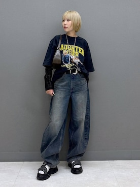 「PAGEBOY（ページボーイ）のヴィンテージバックルベルト/新色追加（ベルト、ブラック系）」を使った、anninさん（レディース・152cm）の春コーディネート