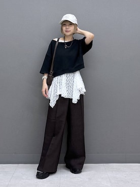 「PAGEBOY（ページボーイ）の【前後2WAY/接触冷感】マルチWAYネックアイススウェット（スウェット、ブラック系）」を使った、anninさん（レディース・152cm）の夏コーディネート