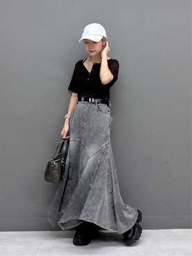 「PAGEBOY（ページボーイ）の＜まるでデニム見え！/紫外線カット/接触冷感＞マルデニイレヘムスカート（デニムスカート）」を使った、anninさん（レディース・152cm）の夏コーディネート