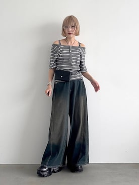 「PAGEBOY（ページボーイ）の＜まるでデニム見え！/紫外線カット/接触冷感/ストレッチ＞マルデニメガレッグパンツ（デニムパンツ、グリーン系）」を使った、anninさん（レディース・152cm）の夏コーディネート