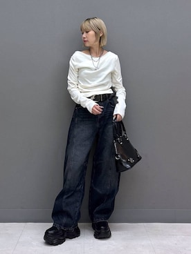 「PAGEBOY（ページボーイ）のヴィンテージバックルベルト2（ベルト、ブラック系）」を使った、anninさん（レディース・152cm）の秋コーディネート