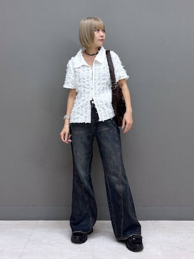 「PAGEBOY（ページボーイ）のスリムレッグフレアデニム【4color/4size】（デニムパンツ、ブルー系）」を使った、anninさん（レディース・152cm）の夏コーディネート
