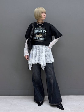 「PAGEBOY（ページボーイ）のスリムレッグフレアデニム【4color/4size】（デニムパンツ、ブルー系）」を使った、anninさん（レディース・152cm）の春コーディネート