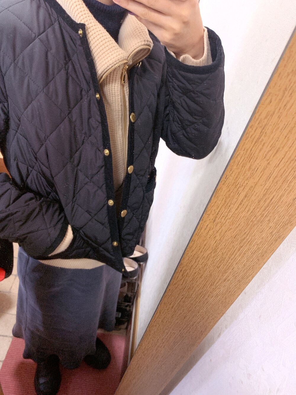 「おしゃれさんと繋がりたい、ブーツ、ニット、スカート、アウター」｜「Spick & Spanの【TRADITIONAL WETHERWEAR】別注キルティングノーカラージャケット◆（その他アウター、ブラック系）」を使った、みむさん（レディース・156cm）の冬コーディネートの1枚目の写真